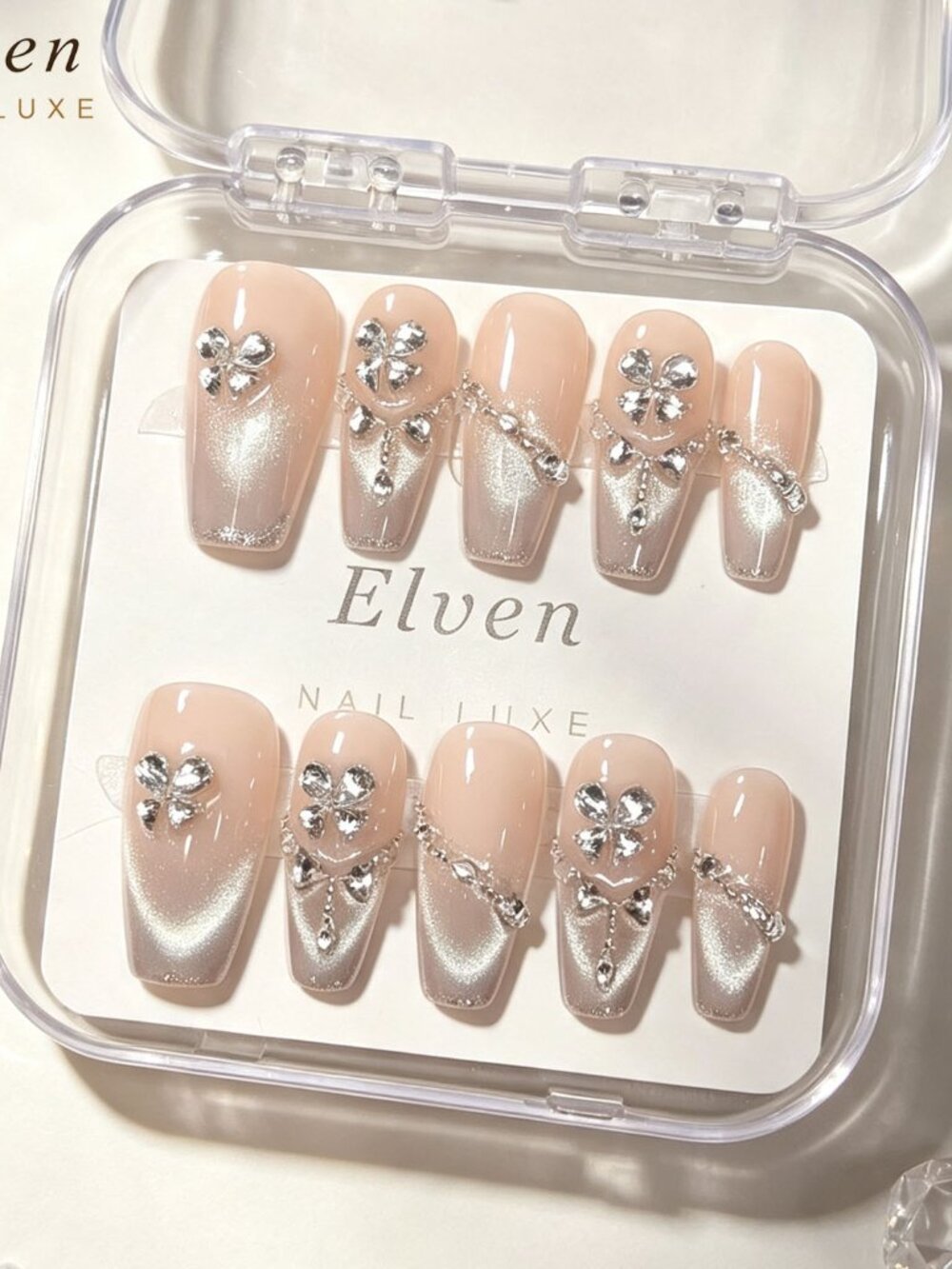 Nude Long Coffin Press On Nails With Silver Cat‑Eye Silver Butterfly Rhinestones